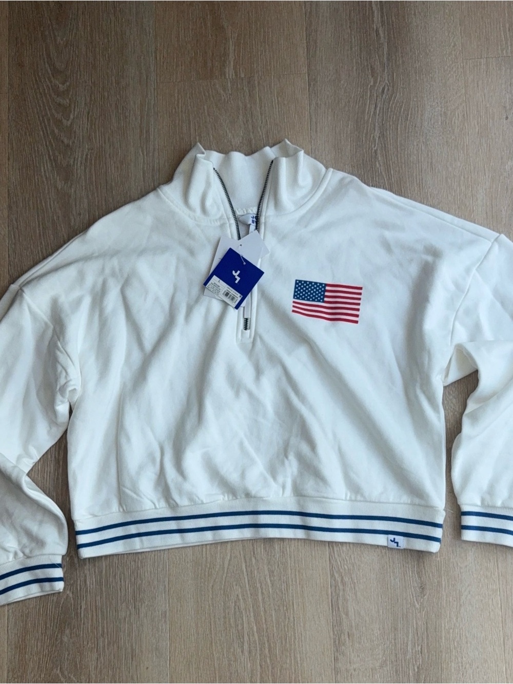 Joylab White Quarter-Zip Sweater with American Flag Patch